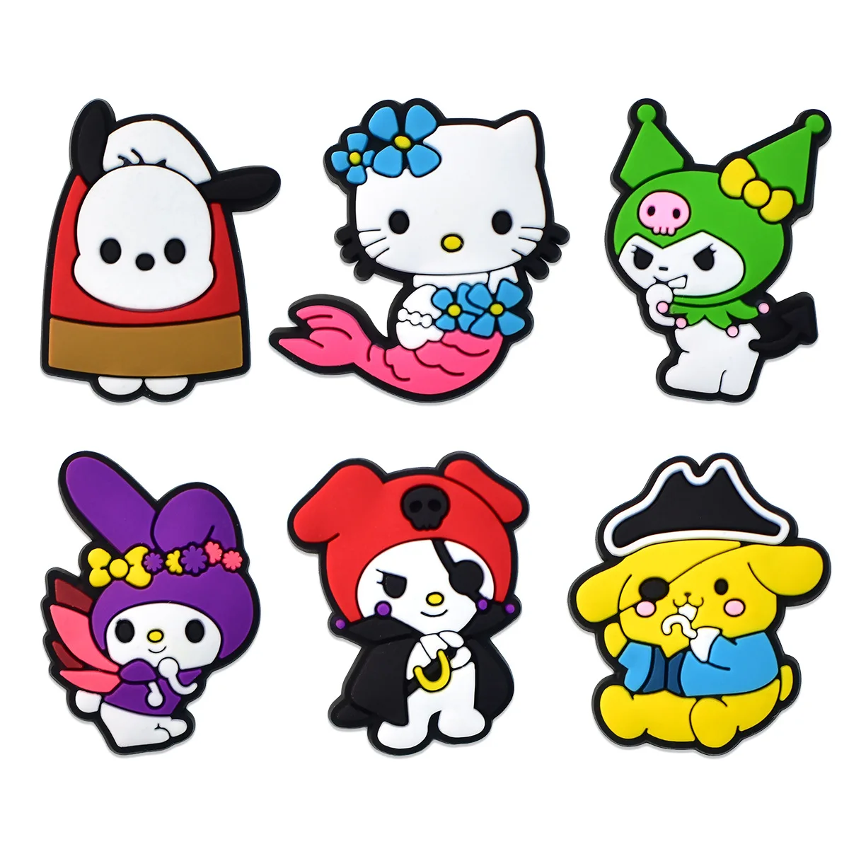 6PCS Mesuca pirate HelloKitty Kuromi Shoe Charm Wholesale PVC Clog wristband Decor Buckle Detachable DIY Waterproof Party Gift