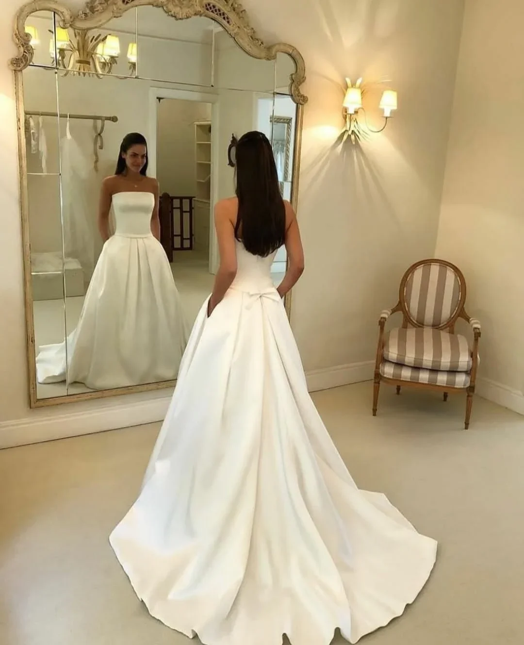 Customized Long Strapless Satin Wedding Dresses with Pockets Sweep Train Corset Back Brautkleider Robes de Soirée for Women