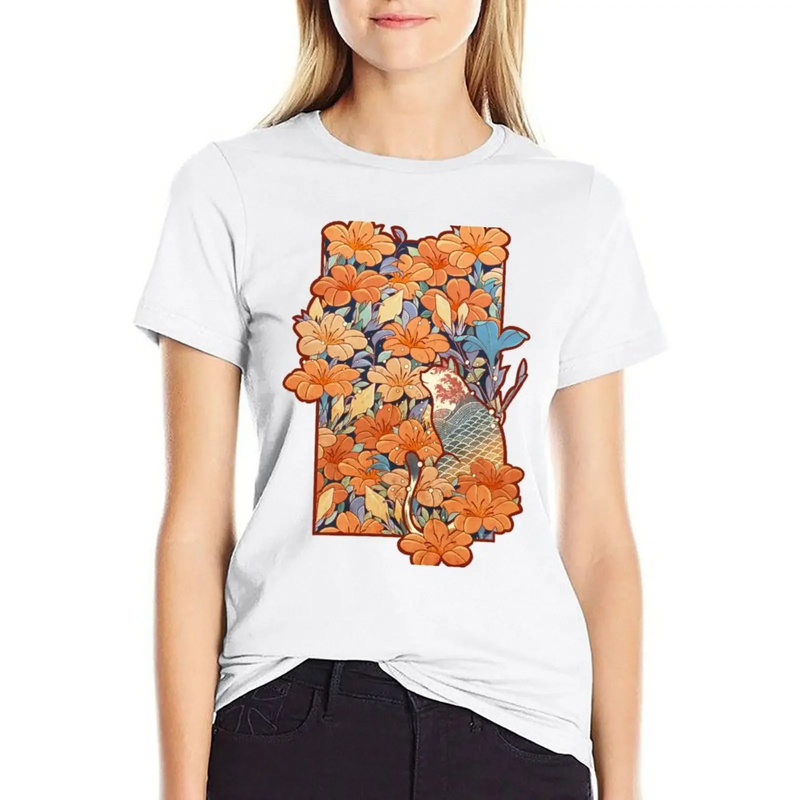 

Neko and flowers T-shirt tops tees shirts graphic tees t-shirt dress for Women long