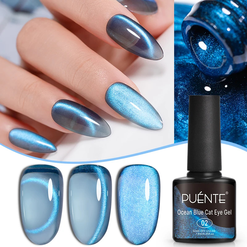 PUENTE 7.5ML Ocean Blue Cat Eye Gel Nail Polish With Magnet, High Glossy,Vibrant Blue Magnetic Cat Eye Nail Gel, Long-Lasting, Easy Application, Soak Off UV/LED Lamp Curable Semi-Permanent Varnish for Home & Salon Manicure gallery 2