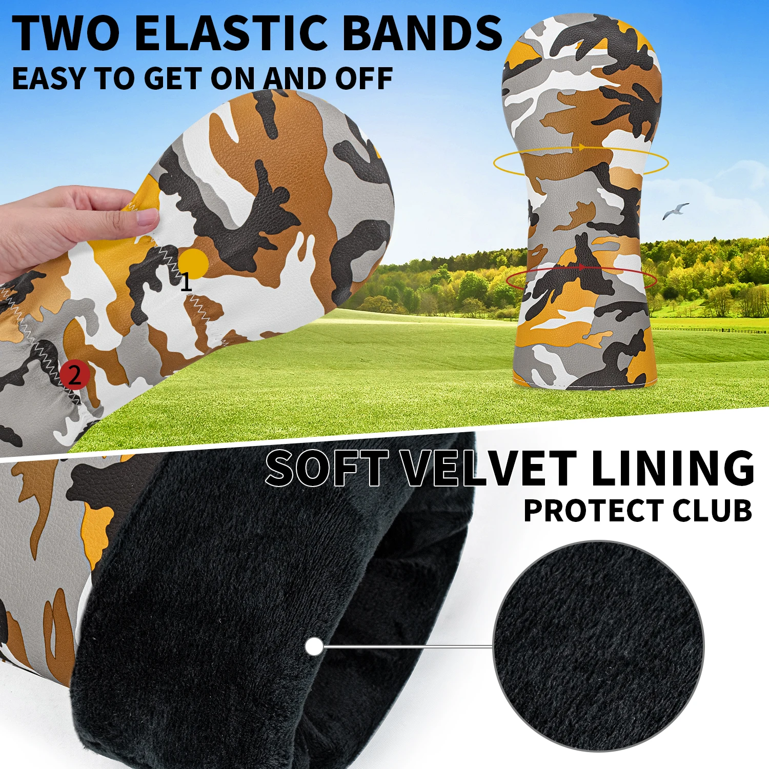 غطاء حماية للجولف بتصميم متطابق باللون الرمادي الأصفر، نمط مموه عشوائي، غطاء رأس جولف عصري، إكسسوارات جولف