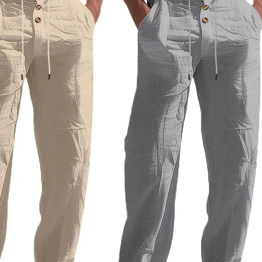 

2pcs Mens Lightweight Linen Pants Breathable Straight Leg Casual Beach Outdoor Summer Wear