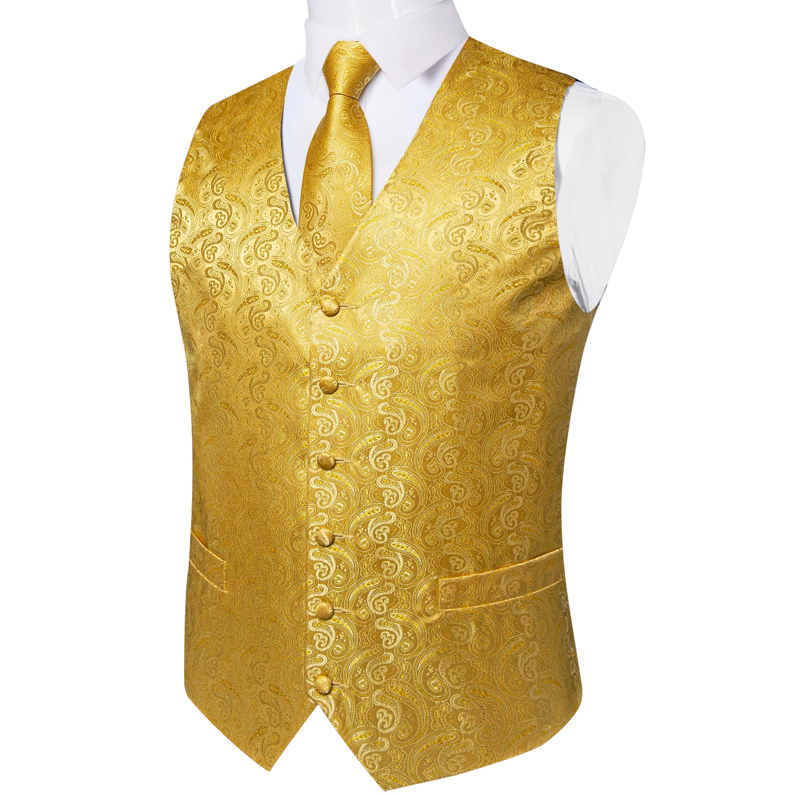 Luxury Paisley Gold Vest for Man Formal Yellow Solid Men's Waistcoat Silk Necktie Pocket Square Wedding Business Chaleco Hombre