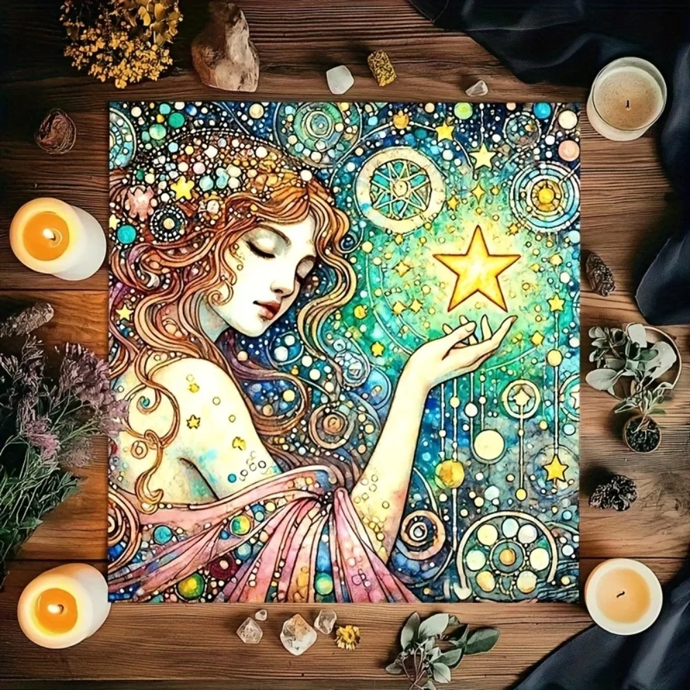 Tarot Tablecloth Multiple Sizes Digital Print Stars Cosmos Elegant Female Design Astrological Theme Polyester Fabric