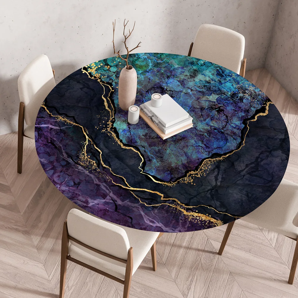 

2024 Marble background table cover, printed round tablecloth, waterproof dining table, elastic table cover