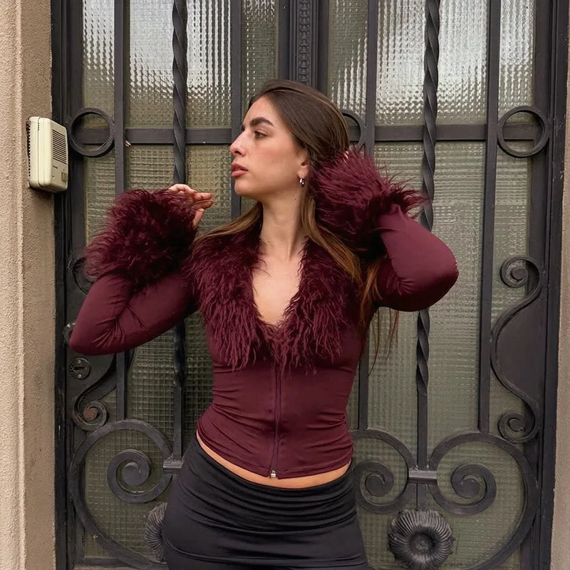 Faux Fur Patchwork Slim Fit Solid T-shirts Women Fashion V-neck Full Sleeve Zipper Cardigan Casual Streetwear Tees All Match Top