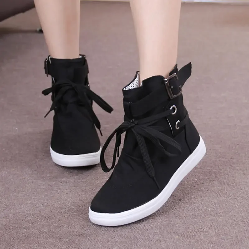 Women Ankle Boots Vintage Metal Buckle Strap Casual Shoes Women\'s Retro Cotton Sneakers Female Plus Size Flat Shoes botte femme