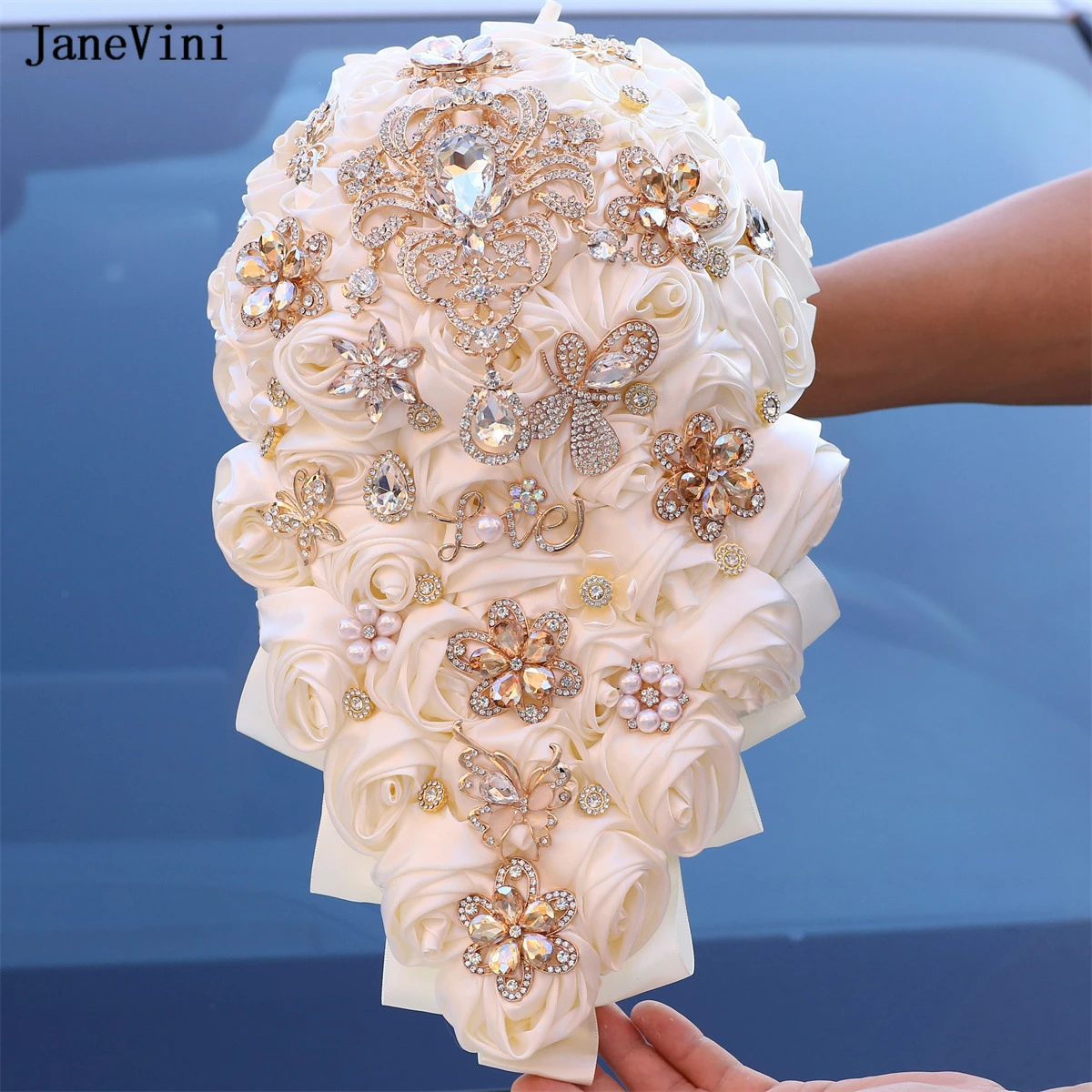 JaneVini Luxury Gold Crystal Ivory Cascading Flowers Waterfall Bridal Bouquets Artificial Satin Rose Bouquet Wedding Accessories