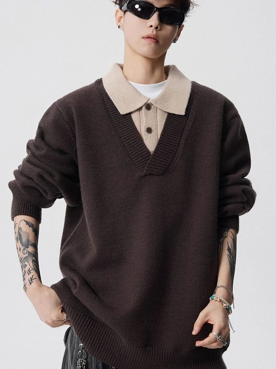 

High-End Vintage Lazy Sle Men's Knitted Sweater Deep Collar Fake Two-Piece Casual Comfortable Long Sve Warm Top