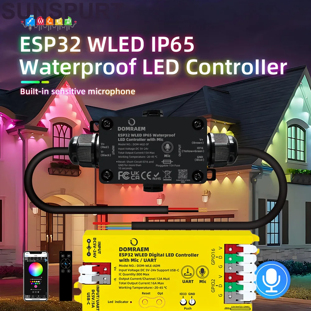

1-10P SPI PWM ESP32 WLED Controller IP65 Waterproof Dynamic Lights DC5-24V LED RGB IC Outdoor WS2811 WS2812 SK6812 WS2813 WS2815