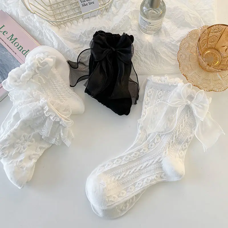 

Sweet Lolita Lace Bow Middle Tube Socks Girls Black White JK Korean JK Soft Cotton Breathable Sock Casual Kawaii Female