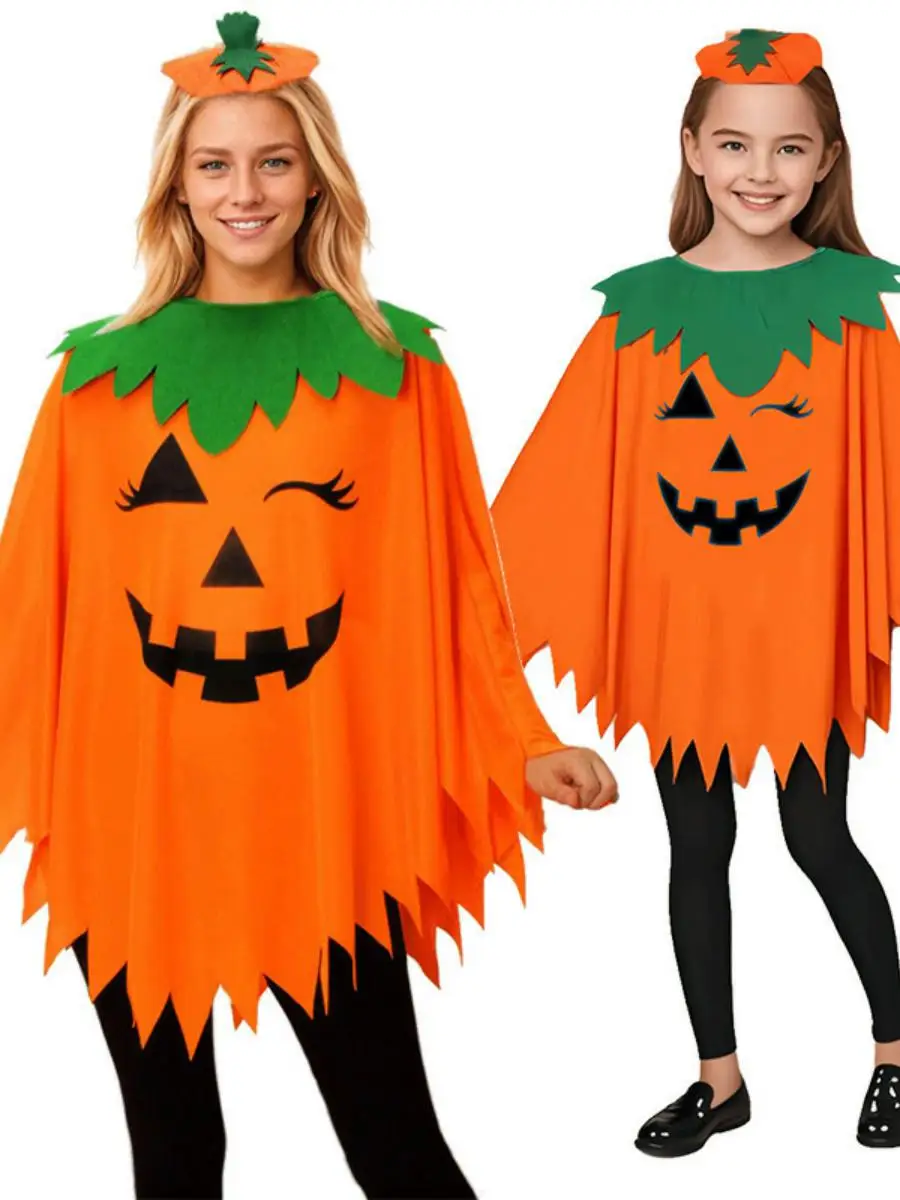 طقم زي تنكري لحفلات الهالوين للكبار والأطفال، يتضمن عباءة بتصميم مموج على الكتف، وقبعة على شكل يقطين، وعصابة شعر، مصنوع من ال...