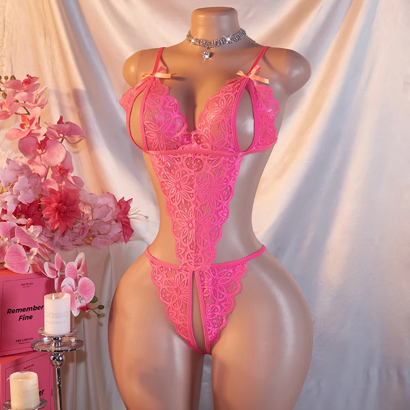 One-piece Hollow Rose Lace Transparent Sexy Lingerie Seduces Exotic Teddy Doll Jumpsuit Erotic Crotchless Sex Clothes Bodysuit view 3