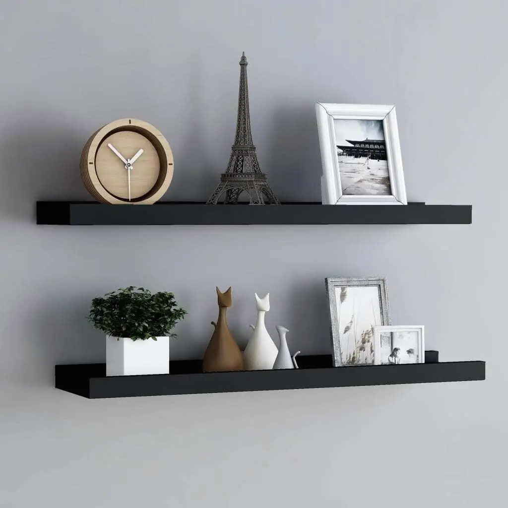 2pcs Black MDF Picture Frame Ledge Shelves - 80x9x3 cm Decorative Wall Storage