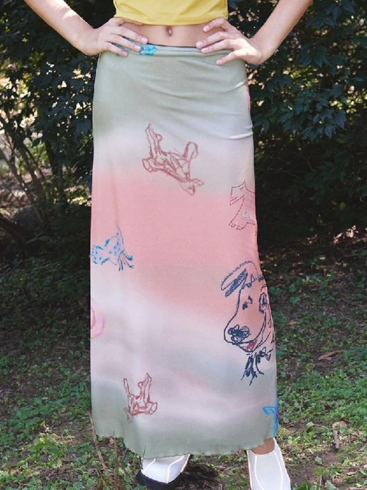 

Women Fashion Streetwear Dog Print Gradient Skirts Woman High Waist Long Skirt Casual Wrap Skirts Chic Street Hot Girl Skirts