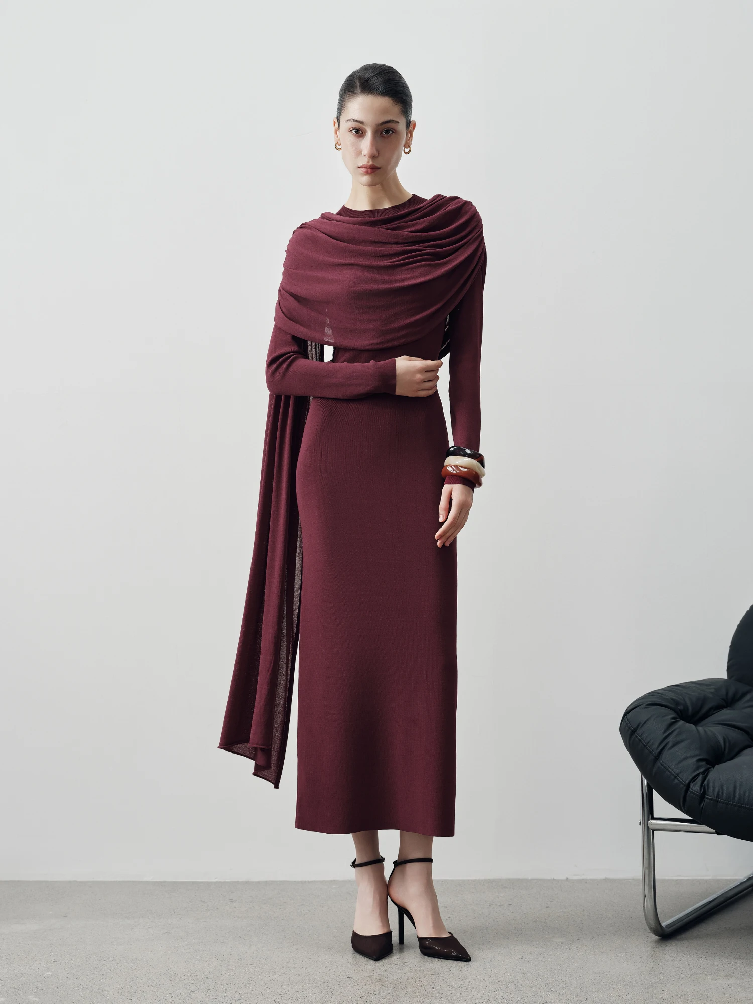 

Ele Knitted Long Dr Women's Slim Fit Gown with Pleats High Waist Summer Soft Viscose High Stretch X Version Casual Wear