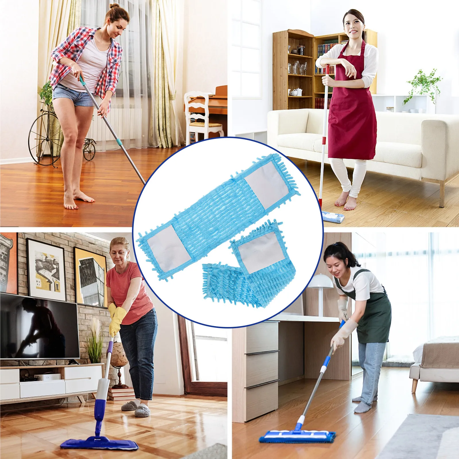 Têtes de balai de rechange en tissu, 2 pièces, design coloré, nettoyage facile des taches tenaces, sans danger pour les sols, les coins, les fenêtres, bleu
