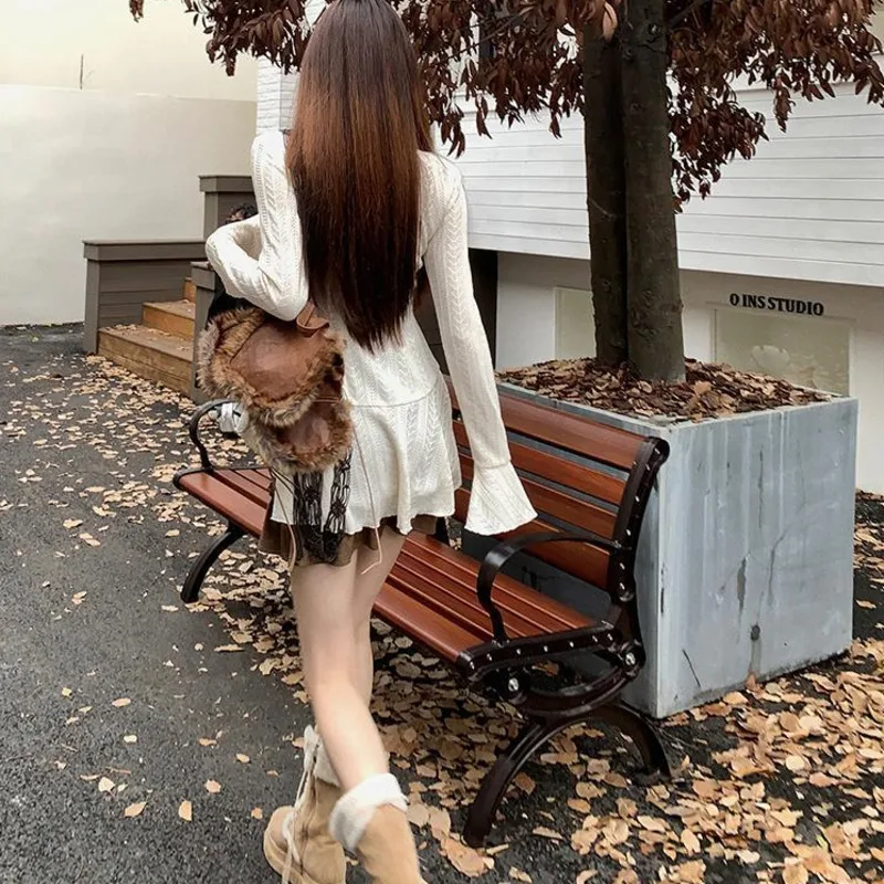 Vintage Y2k 2 Piece Set Woman Spicy Girl Sexy Sleeveless Mini Dress And Long Sleeve Knitted Ruffle Cardigan Fashion Lady Suits