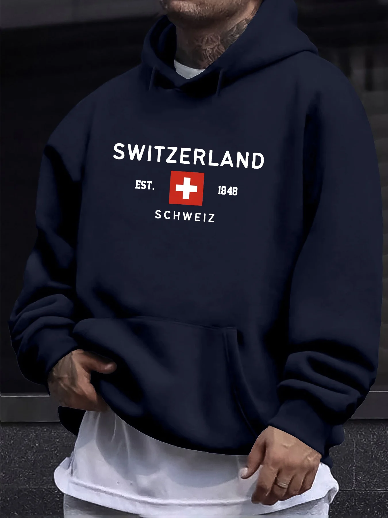 Men's Casual Loose Hooded Sweatshirt Autumn Winter Warm Pullover Long Sleeve SWITZERLAND Pattern Printed Fashionable Top