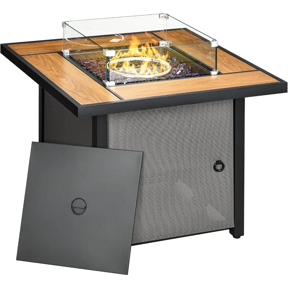 

31 Inch Fire Pit Table with Ceramic Tabletop, Glass Wind Guard, Lid, Glass Beads, Rain Cover, Propane Gas Fire Pit Table