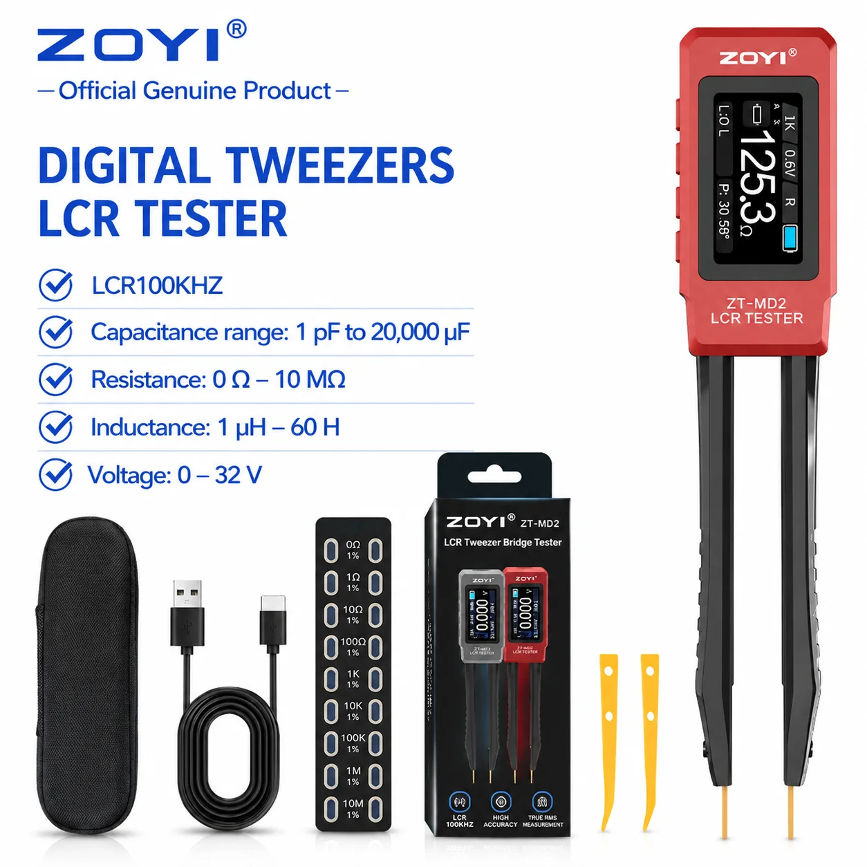 ZOYI MD2 Smart 2-in-1 Tweezers LCR/ESR Tester 4-Wire Kelvin Clip 100kHz High Precision for SMD R C L ESR Measurement view 6