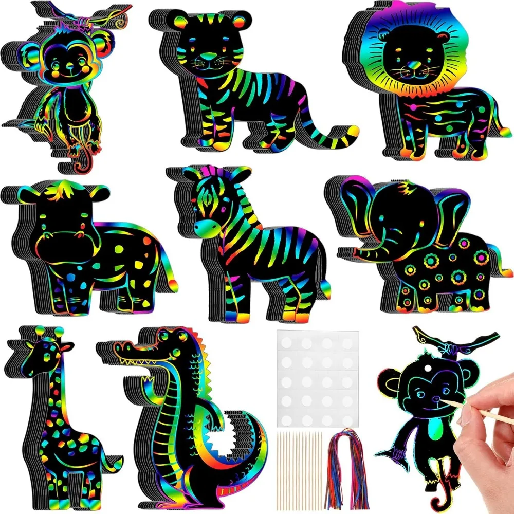 80 قطعة من بطاقات خدش حيوانات سفاري الغابة هدايا الحفلات الملونة البرية خدش اللوحة الورقية للأطفال لتقوم بها بنفسك مجموعة الحرف الفنية مع 80