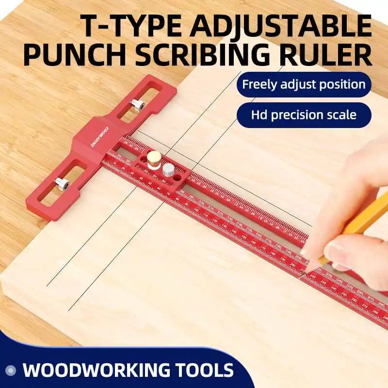 

ENJOYWOOD TS-24 Scribing Ruler Multi-function 400mm/600mm Snap-In Slider 360° Marking Adjustable Length Woodworking Ruler