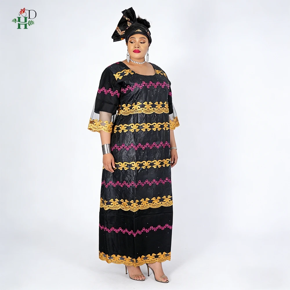 Vestidos africanos H&D para mujer, vestido bordado Bazin Riche, vestido con encaje y patchwork, con turbante, vestido de dama para boda, Ramadán
