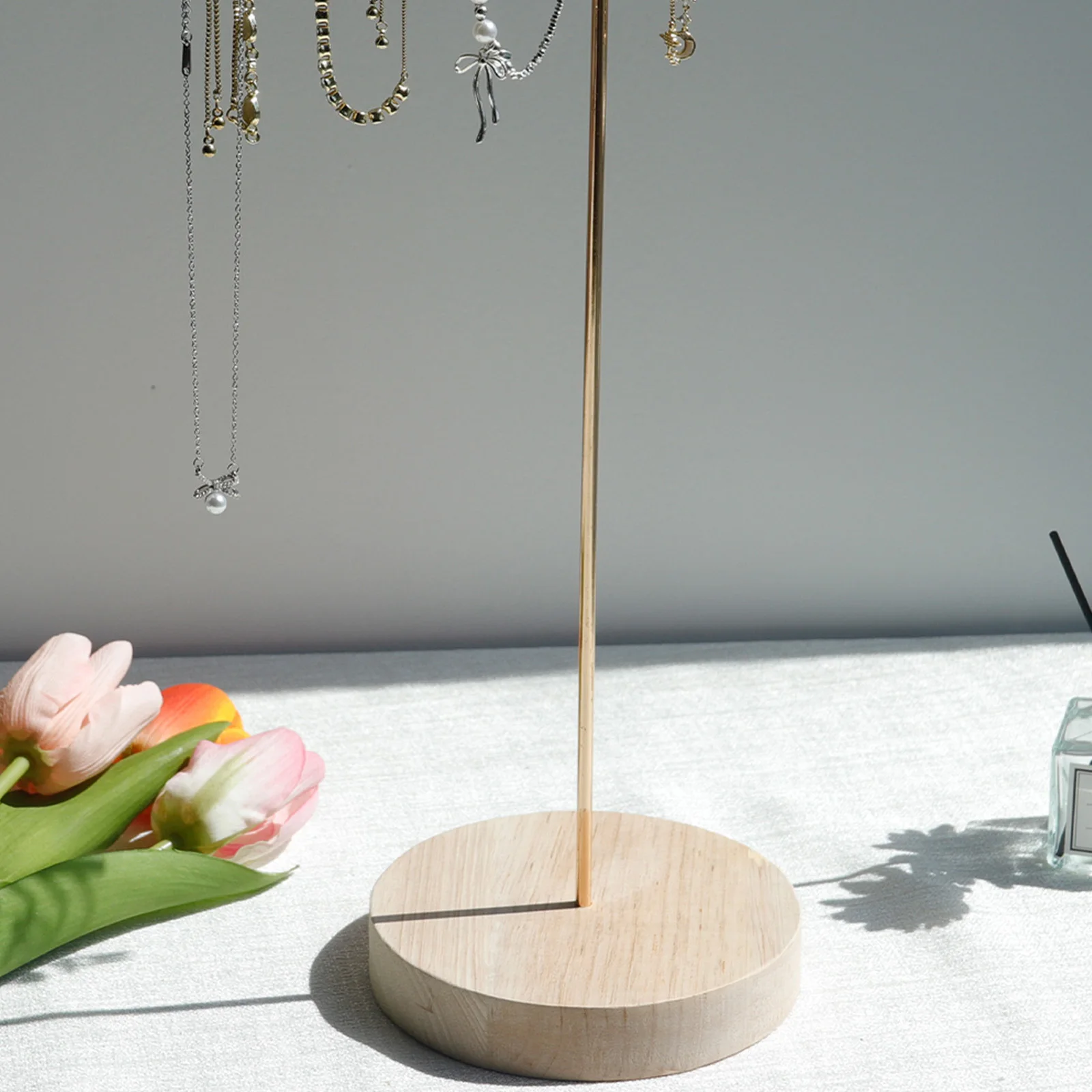 أقراط على شكل حرف T وقلادة وخاتم ورف مجوهرات ومنظم مجوهرات مع قاعدة خشبية وحامل رف تخزين معدني حديث