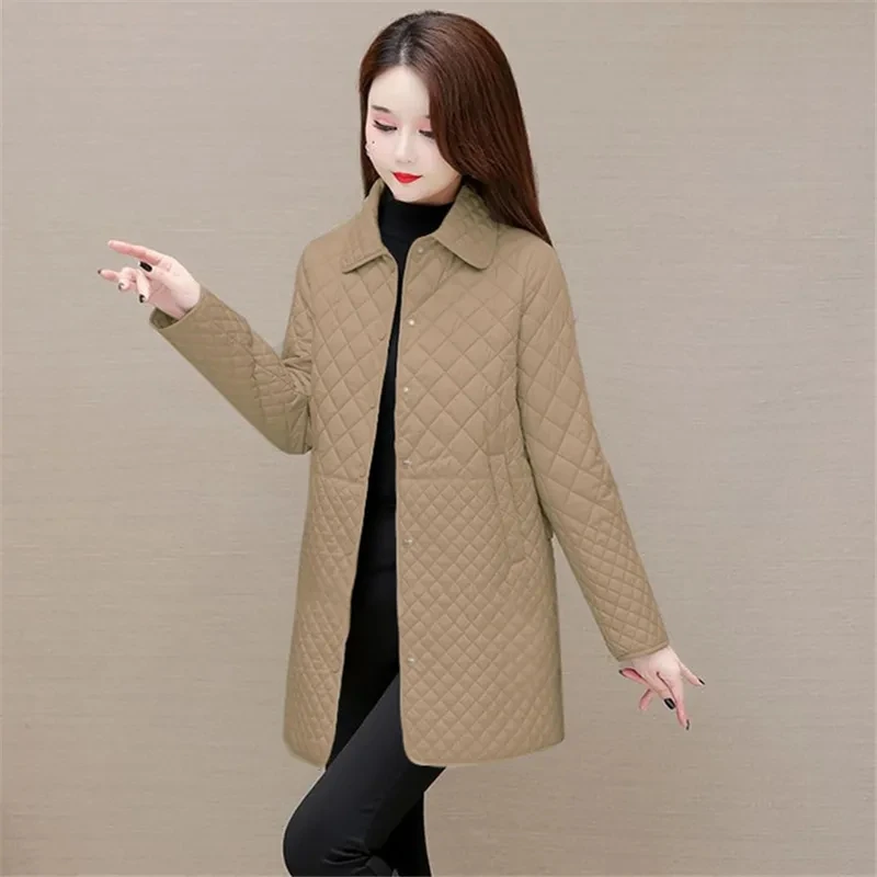Mid-length Diamond Plaid Jacket Women\'s Overcoat New Spring Autumn Light Cotton Coat Mother\'s Loose Warm Cotton-Padded Coat