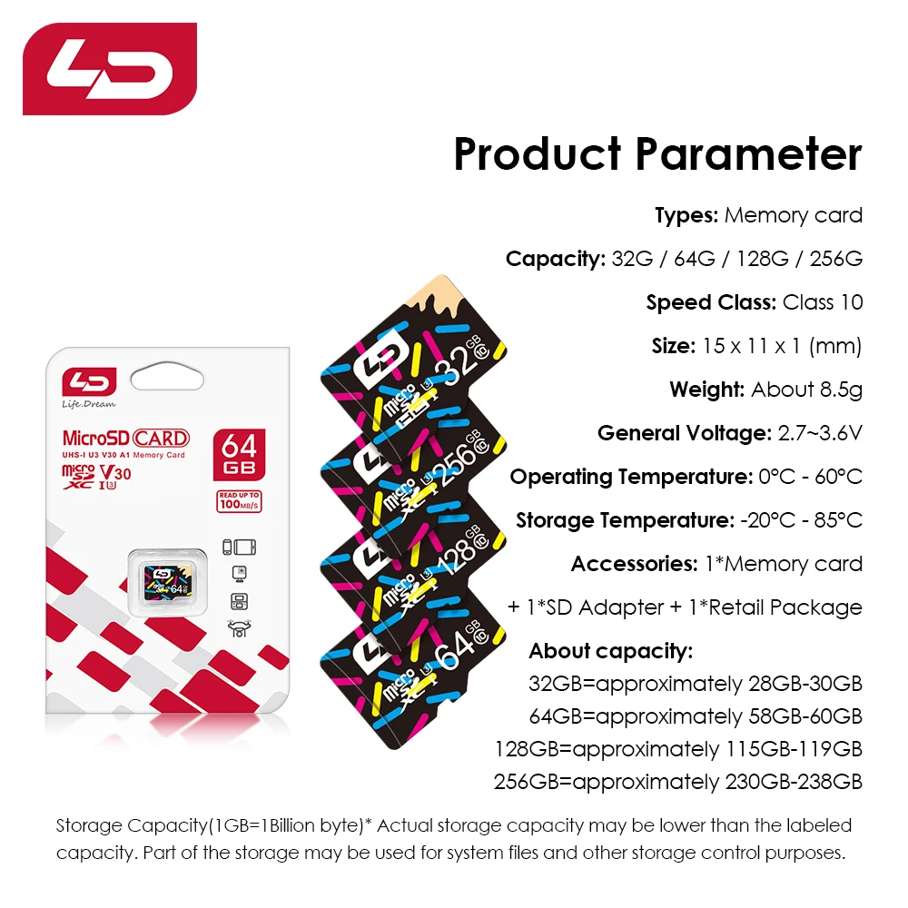 بطاقة ذاكرة LD High Speed Class 10 Micro SD - 256/128/64/32/16GB U3 تصنيف تخزين قابل للتوسيع للهواتف الذكية والكاميرا والمراقبة
