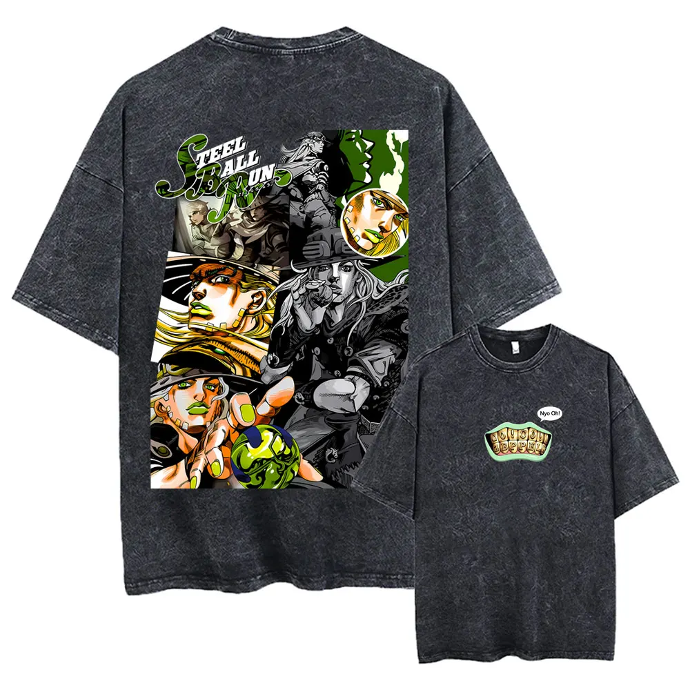 Washed Vintage Anime Jojo Bizarre Adventure Giorno Giovanna T-shirts Men Women Casual Retro Oversized Short Sleeve Tops T Shirts