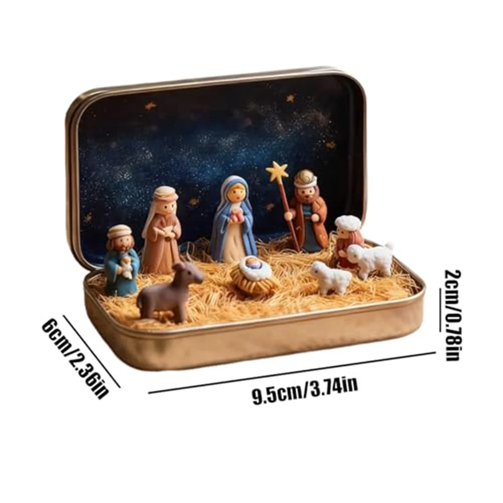 Mini Portable Nativity Set in Tin Box Compact Holiday Decoration Display for Desk and Home During Christmas Season