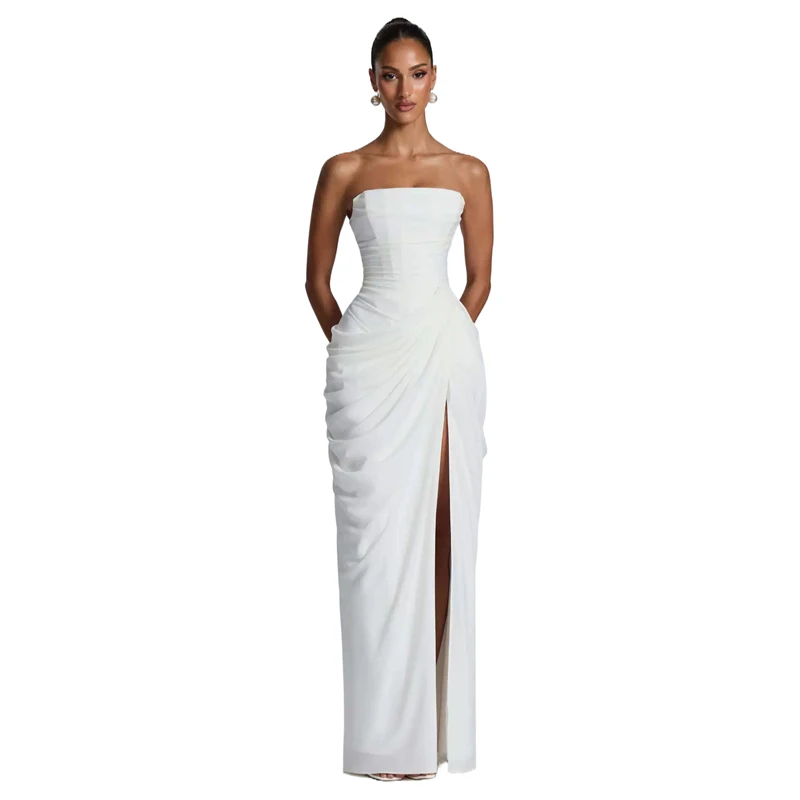 Damen trägerloses asymmetrisches Maxikleid mit Rüschen, Bandage-Taille, langes Abendkleid, sexy französischer Stil, für Abendpartys, Strandurlaub, Sommeroutfit – Detail 3
