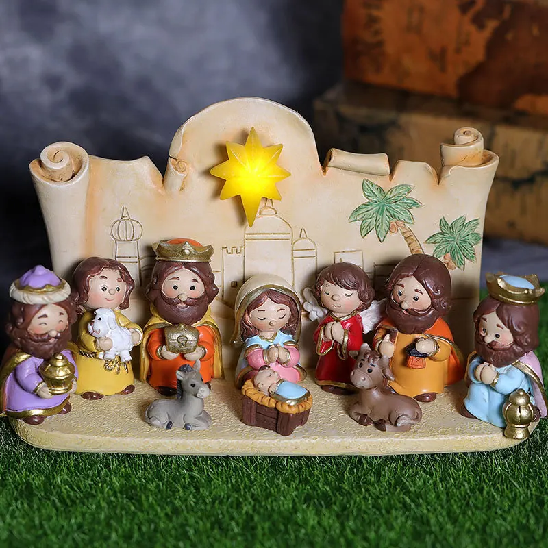 Resin Cartoon Religious Nativity Figurine Manger Group Jesus Child Doll Christmas Church Friendship Gift Resin Figure for Home