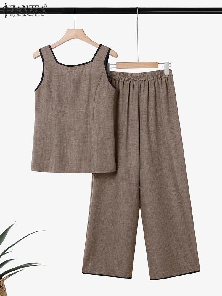 ZANZEA 여성 우아한 2 조각 세트 스퀘어 넥 민소매 탑 & 신축성있는 허리 바지 2pcs 정장 사무실 대비 파이핑 바지 세트