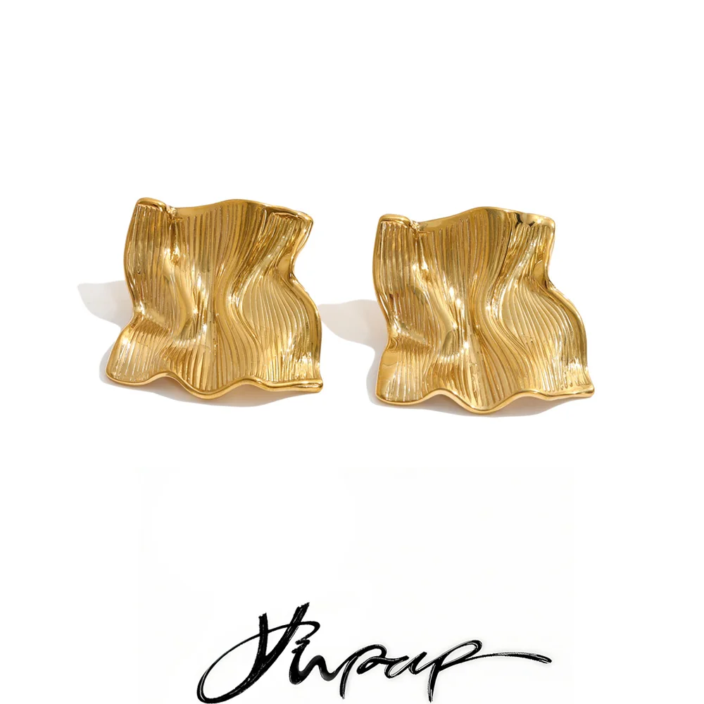 Yhpup Stainless Steel Wavy Square Stud Earrings Wrinkled Metal Geometric Texture Daily Popular Jewelry Wholesale