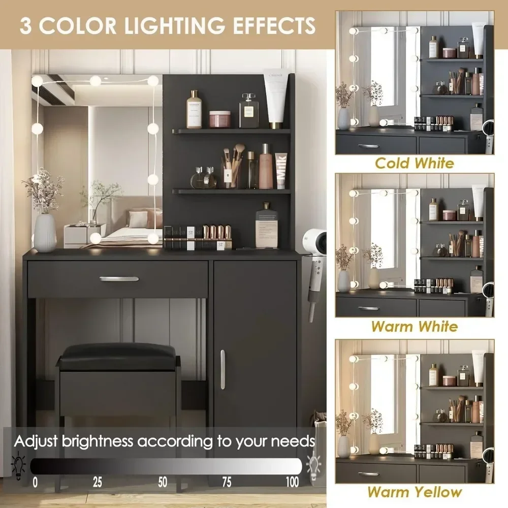 Drawer Table with Lighting Mirror & Power Strip Dressing Vanity Table with Lights 35in Makeup Vanity Desk