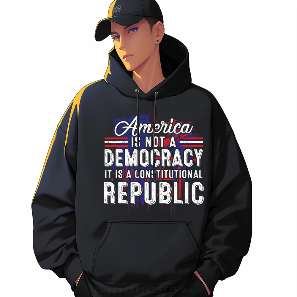

America Is Not A Democracy Mens Long Sleeve Hoodies Funny Graphic Pullover Loose Sweatshirt Cute Crew Neck Clothes