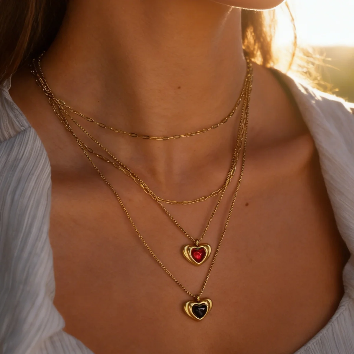 

LUXUKISSKIDS Vintage Double Layer Black Red Heart Collier Stainless Steel Opal Pendant Layered Necklaces Gold Plated Party Gifts