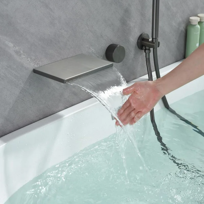 Premium Gun Grey Wall-Mounted Brass Tub Filler High-Flow Spout Concealed Bathroom Bathtub shower Set Waterfall spout