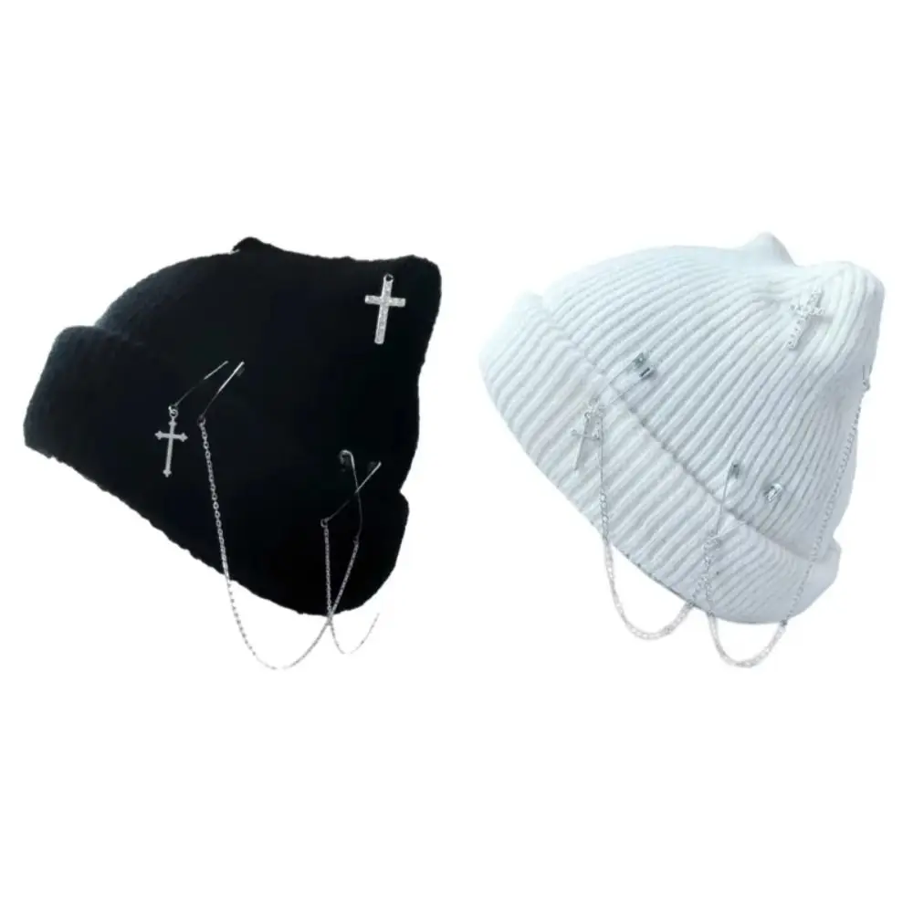 

Punk Knitted Beanie Hat Subculture Headwear Handmade Y2K Cat Ear Hat Pin Decoration Crochet Skull Hat Female Teens