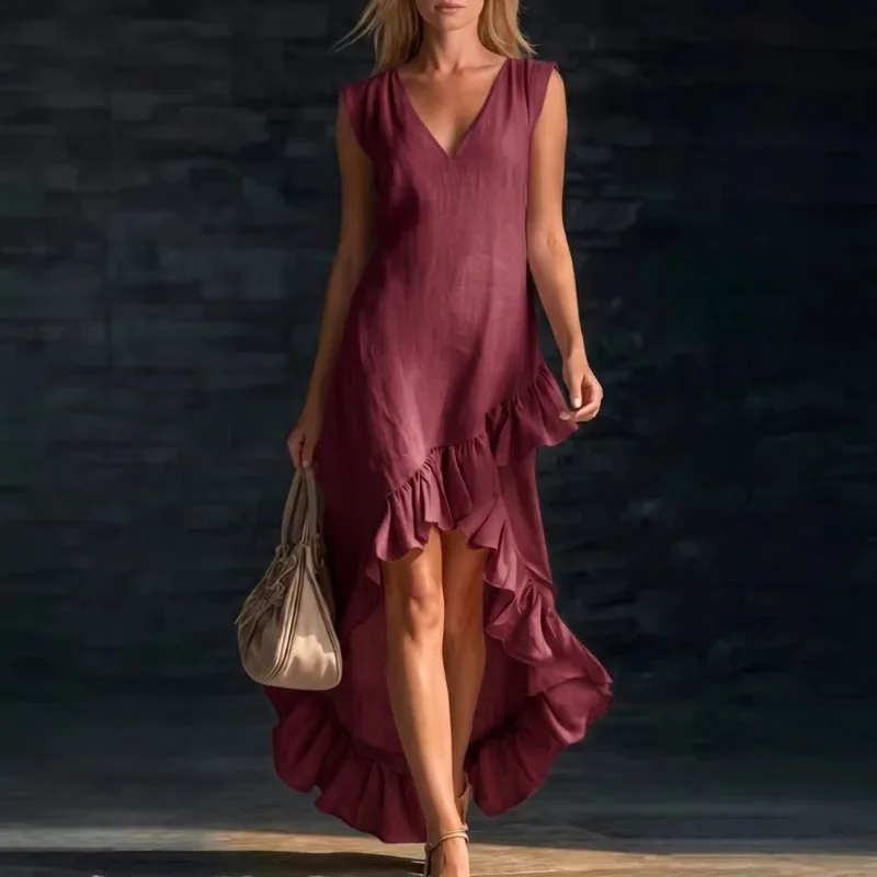 Summer Sexy V Neck Ruffle Maxi Dresses Woman Elegant Ruffle Hem Irregular Party Vestidos French Sleeveless Casual Bohemia Dress