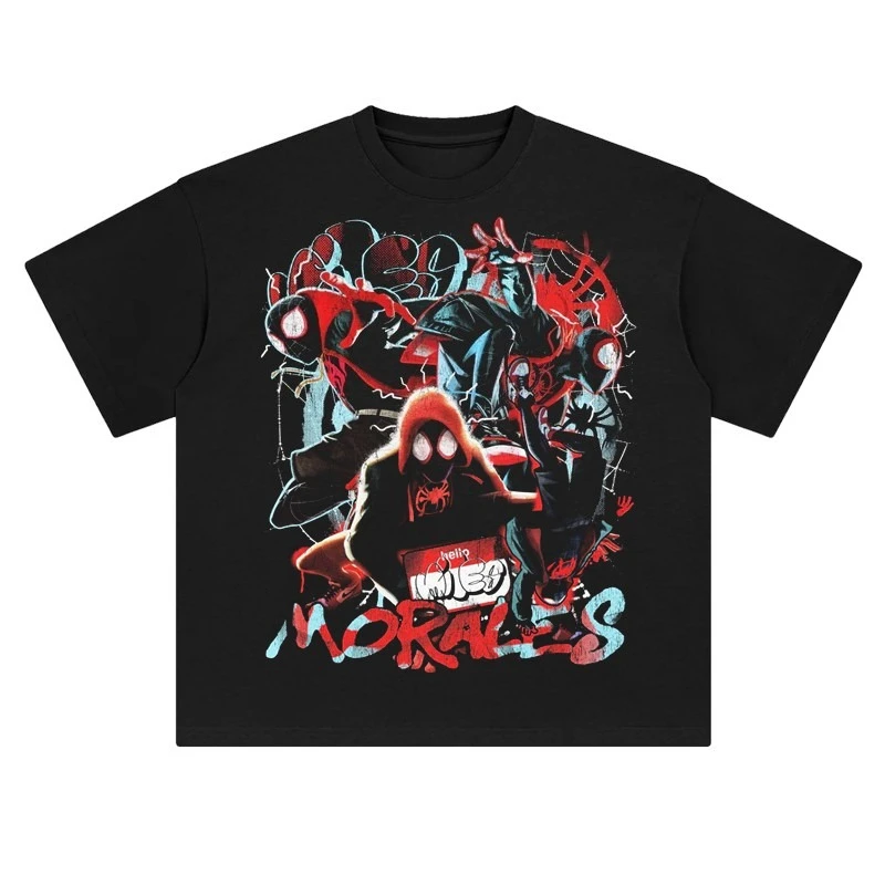 

American Style Trendy Printed Shoulder Down Short Sleeved T-shirt Marvel Black Spider Man Merchandise