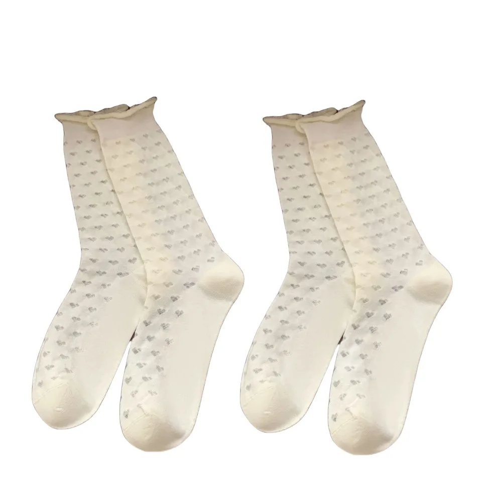 

2Pairs Hollow Out Sweet White Socks Heart Lingge Mid-calf Cotton Socks Dashed Line Hosiery Ruffle Tube Socks Women Daily