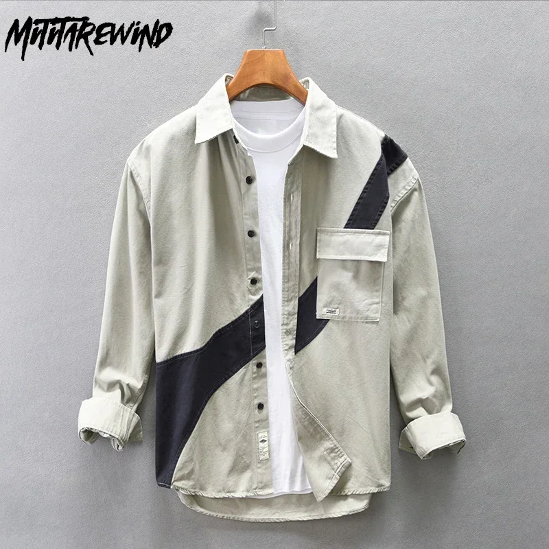 New Japanese Cargo Shirt Men 100% Cotton Casual Shirts Design Patchwork Long Sleeve Man Shirts Fashion Loose Workwear Tops Youth