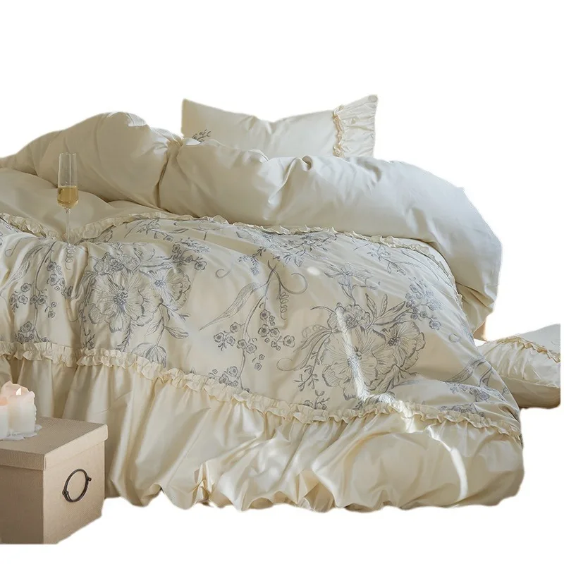 

Long-staple cotton four-piece set, wrinkled edge quilt cover, sleeping naked, skin-friendly and breathable, for all seasons