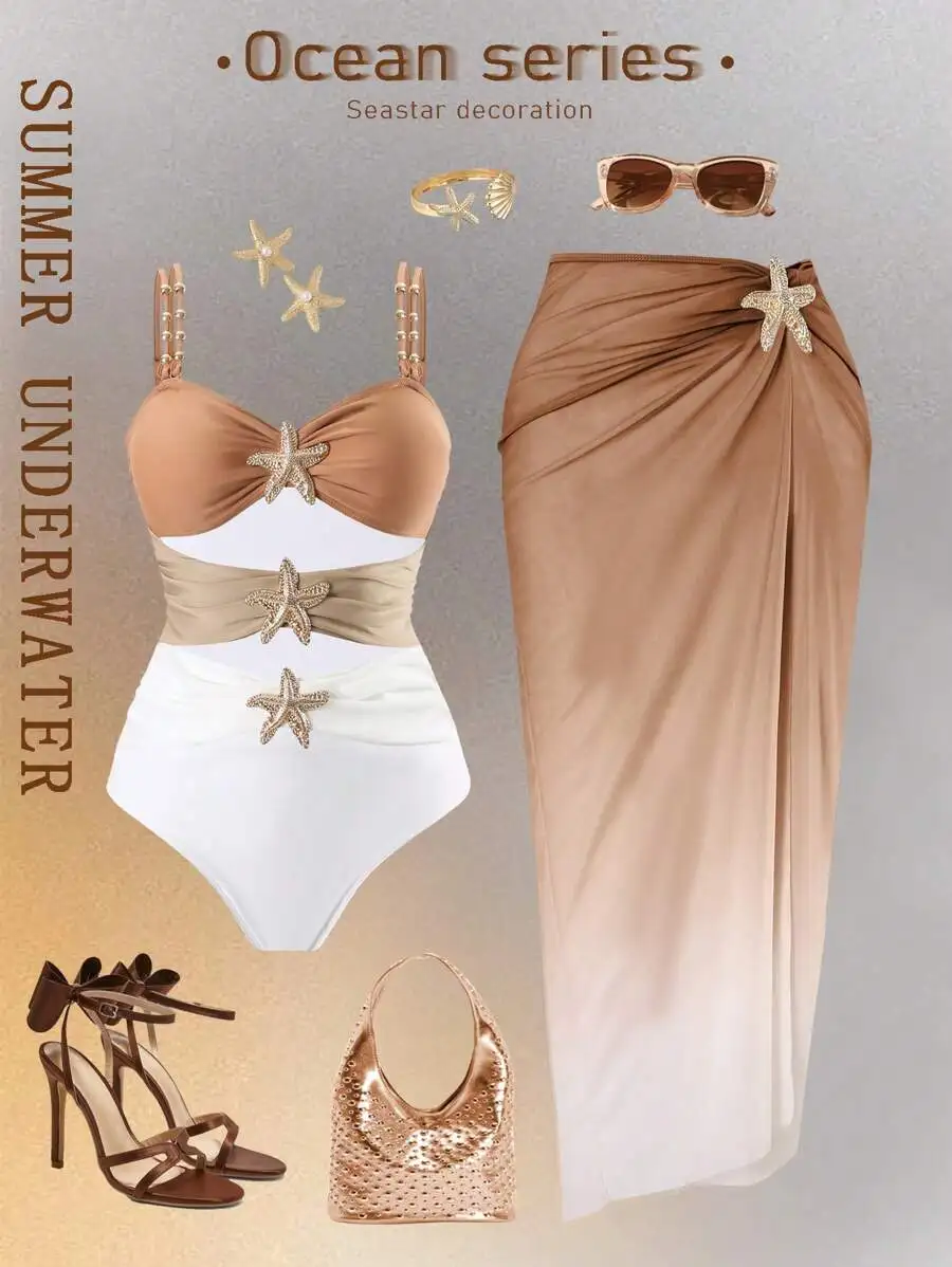 

Ombre Brown White One Piece Swimsuit With Starfish Decor For Women Summer Beach Outfit