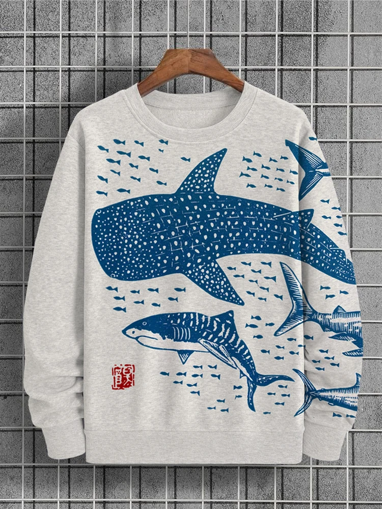 

Men's fashion round neck sports print shark print linen top casual sweatshirt Harajuku men's and women's sweatshirt clothing