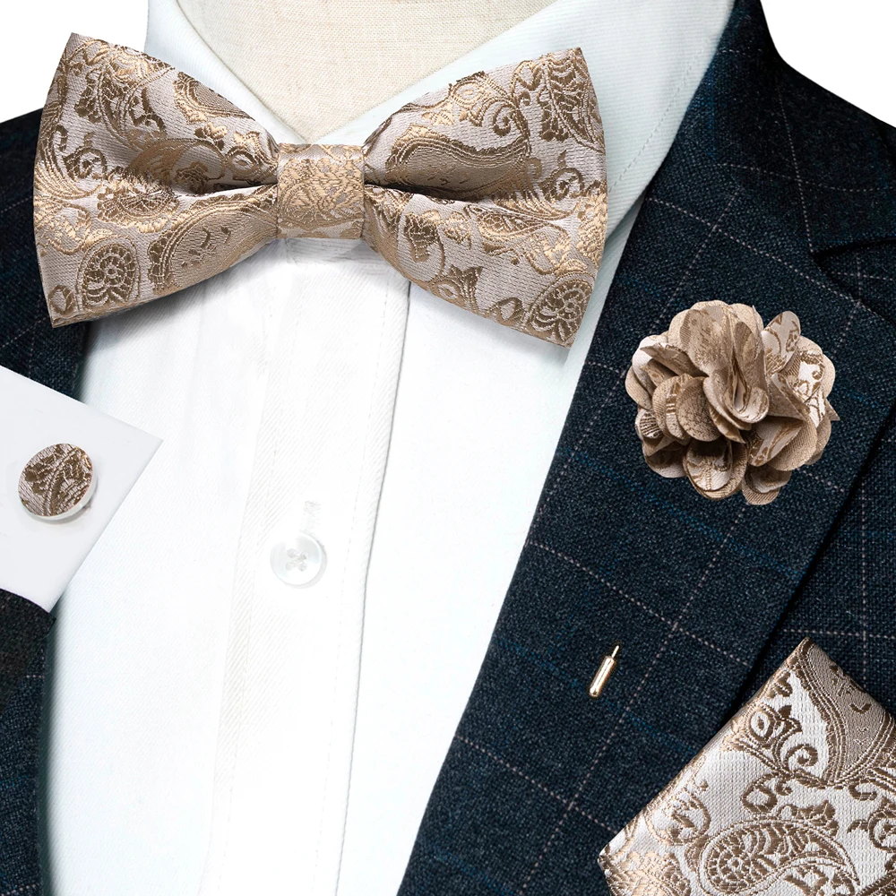 Champagner-Seiden-Jacquard-Paisley-Fliege für Herren, Brosche, Einstecktuch, Manschettenknöpfe-Set, vorgebundene Fliege mit Schmetterlingsknoten für Männer, Hochzeit, Geschäft – Detail 15
